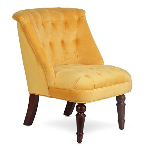 GLOBALLY INDIAN- Where Creativity Meets Living Ludovic Accent Chair in Honey Oak Finish in Yellow Suede Velvet