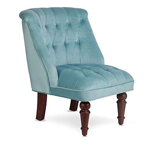 GLOBALLY INDIAN- Where Creativity Meets Living Ludovic Accent Chair in Honey Oak Finish in Blue Suede Velvet