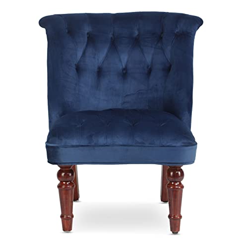 GLOBALLY INDIAN- Where Creativity Meets Living Ludovic Accent Chair in Honey Oak Finish in Navy Blue Suede Velvet