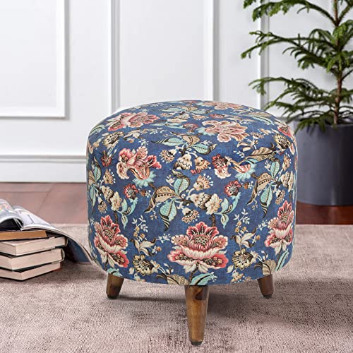 Globally Indian Round Puff in Sheesham Wood (Blue Floral)