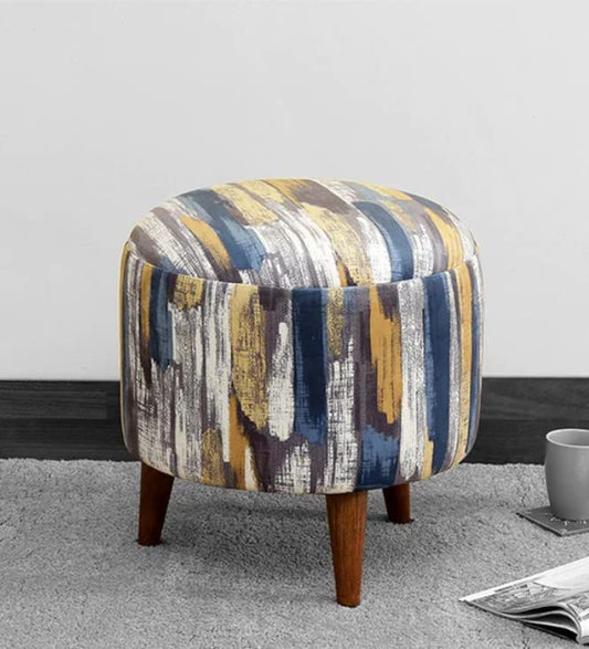 Globally Indian Round Puff in Sheesham Wood (Multicolor -Blue/Yellow)