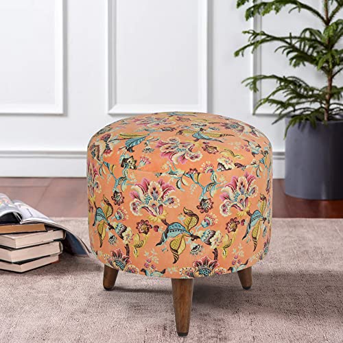 Globally Indian Round Puff in Sheesham Wood (Orange Floral)